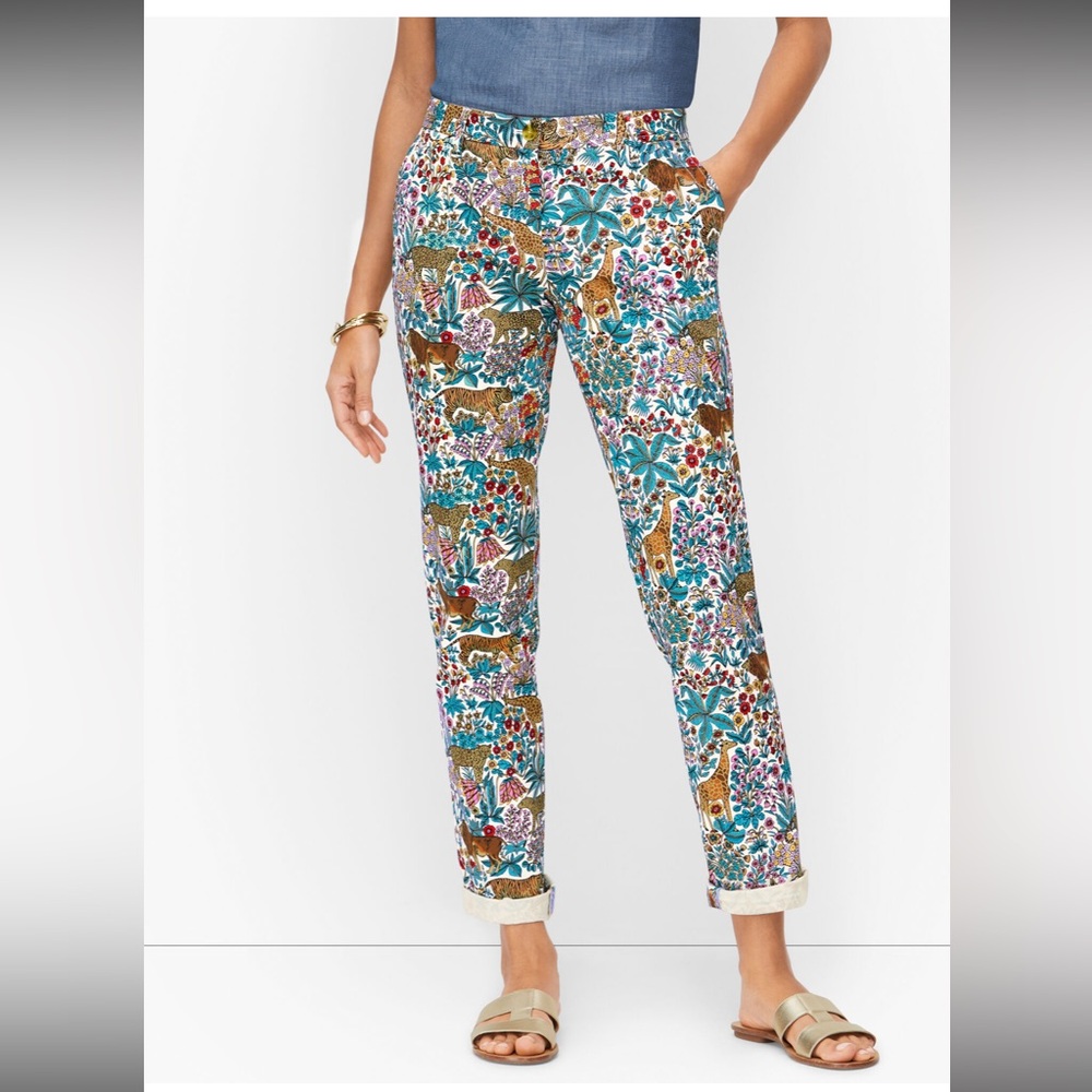 Talbots Stretch Cotton Relaxed Chino Pants Safari Tropical Animal Print Ankle 12